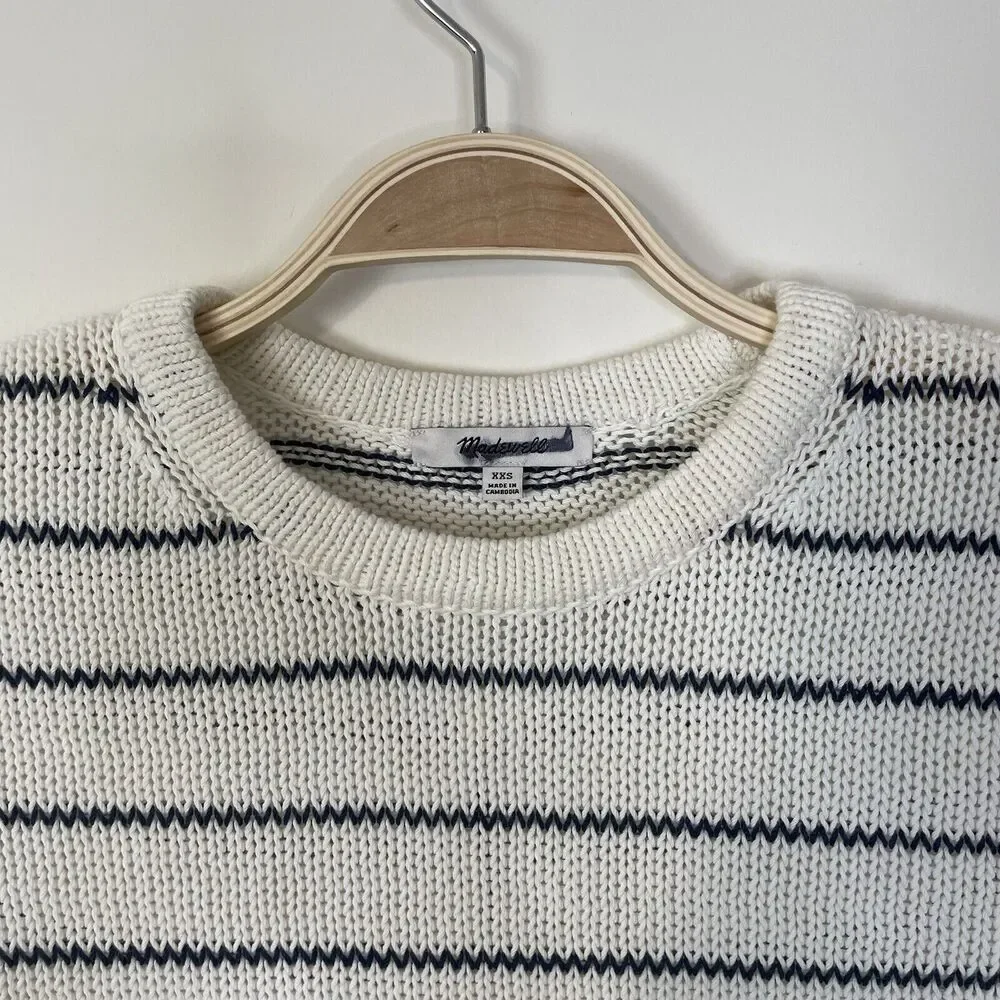 Madewell Puff-Trim Sweater Vest in Stripe Bright Ivory‎ Navy Size XXS NQ977